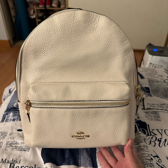 COACH Medium Charlie Leather Backpack in Gold/White - Picture 8 of 9